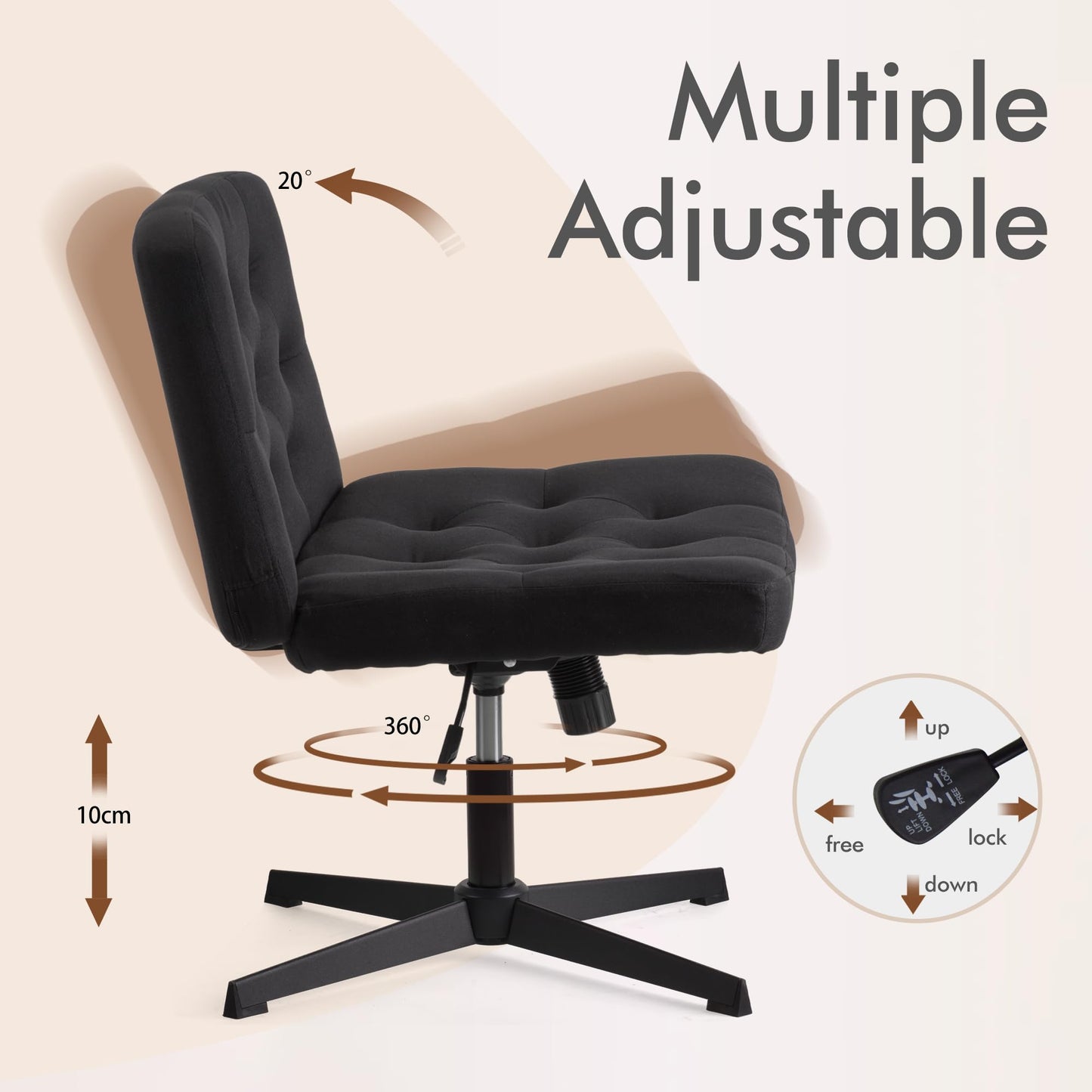 WangPangzi Armless Desk Chair, Cross legged Vanity chair with Wide Seat and No Wheels, Cotton-Linen Fabric, for Home Office, Study, Bedroom(Black)