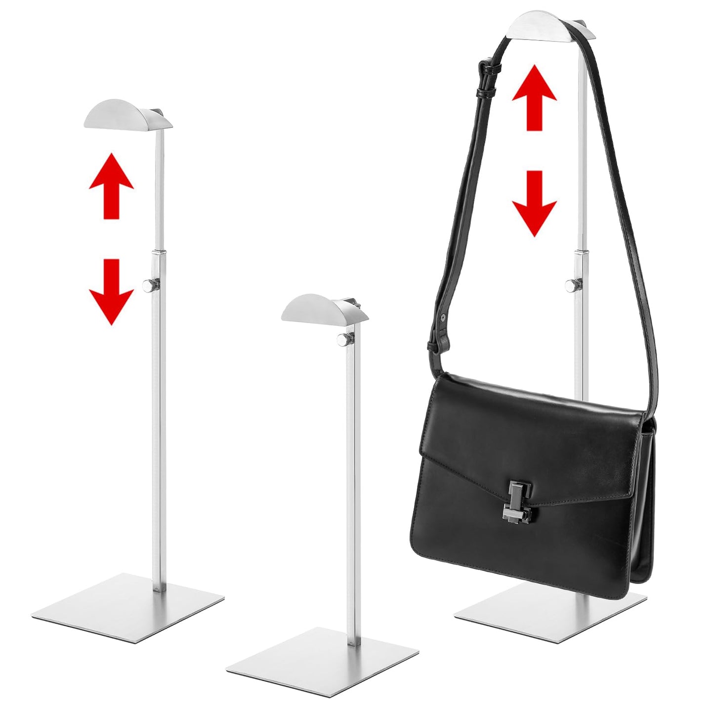 Hacaroa 3 Pack Purse Display Stand Stainless Steel, Adjustable Height Metal Handbag Holder Single Bag Jewelry Display Rack for Home, Boutique Store