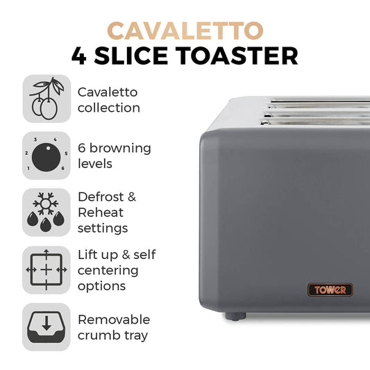 Tower T20051RGG Cavaletto 4-Slice Toaster with Defrost/Reheat, Stainless Steel, 1800W, Grey and Rose Gold