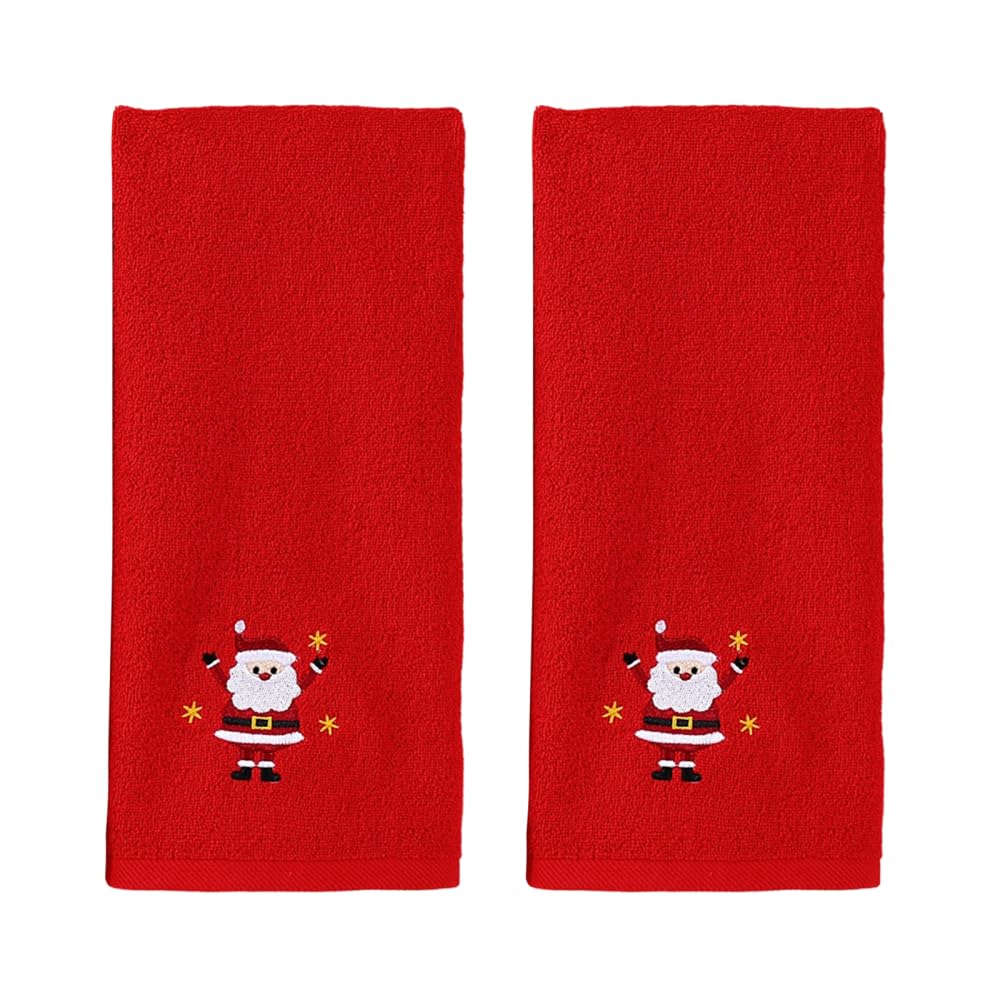 MiOYOOW 2PCS Christmas Hand Towels, 15.8"x25.6" Soft Cotton Xsmas Pattern Embroidered Kitchen Dish Towels with Highly-Absorbent for Winter Bathroom