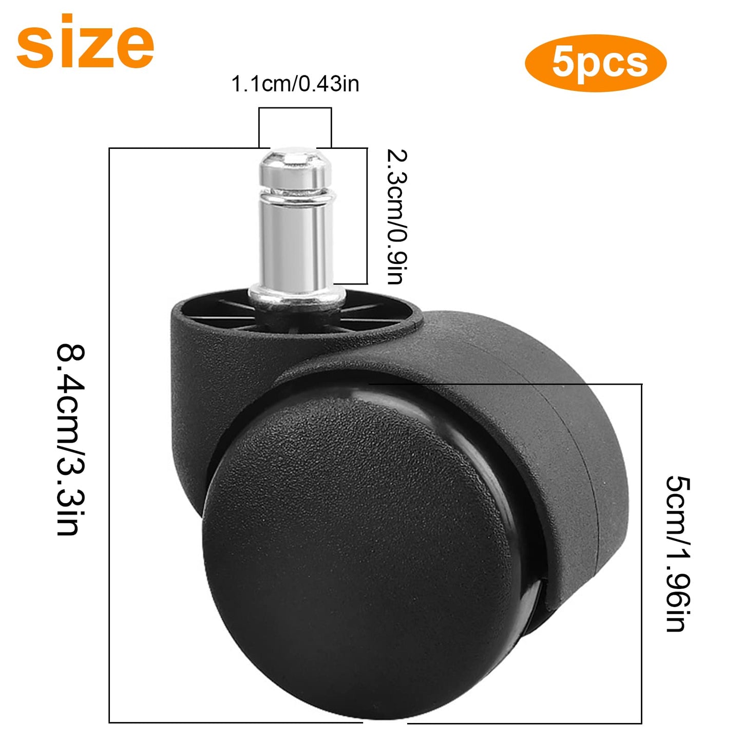Jetisva 5pcs Office Chair Wheels Replacement 11mm Stem, Rubber Swivel Castors for Furniture, Gaming & Computer Desk Chairs, Supports Up to 500lbs
