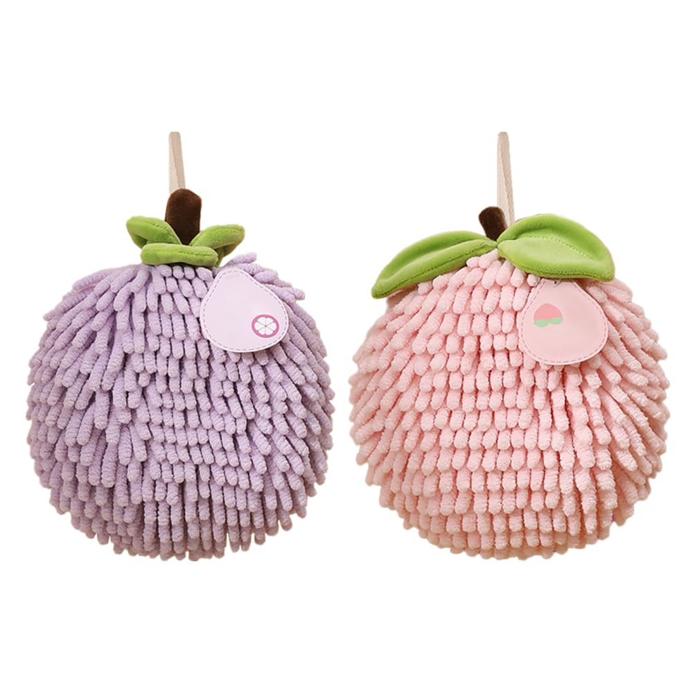 DONGKER Fuzzy Ball Hand Towel,2 PCS Chenille Fluffy Microfiber Ball Towel with Hanging Loop Quick Dry for Bathroom Washstand Kitchen