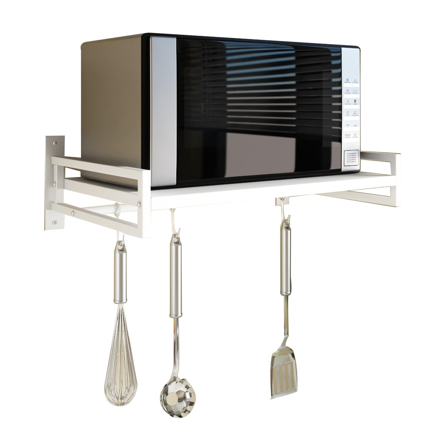 ABCOOL Wall Mount Microwave Oven Shelf Rack for Kitchen Home, Carbon Steel Counter Countertop Holder with Hook Rail and 3 Slidable Hooks