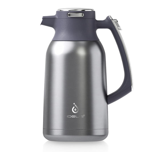 IDEUS Vacuum Insulated Coffee Carafe, 68 oz (2 Liters) Stainless Steel Milk Jug Thermal Tea Pot Hot & Cold Water Beverage Dispenser (Silver)