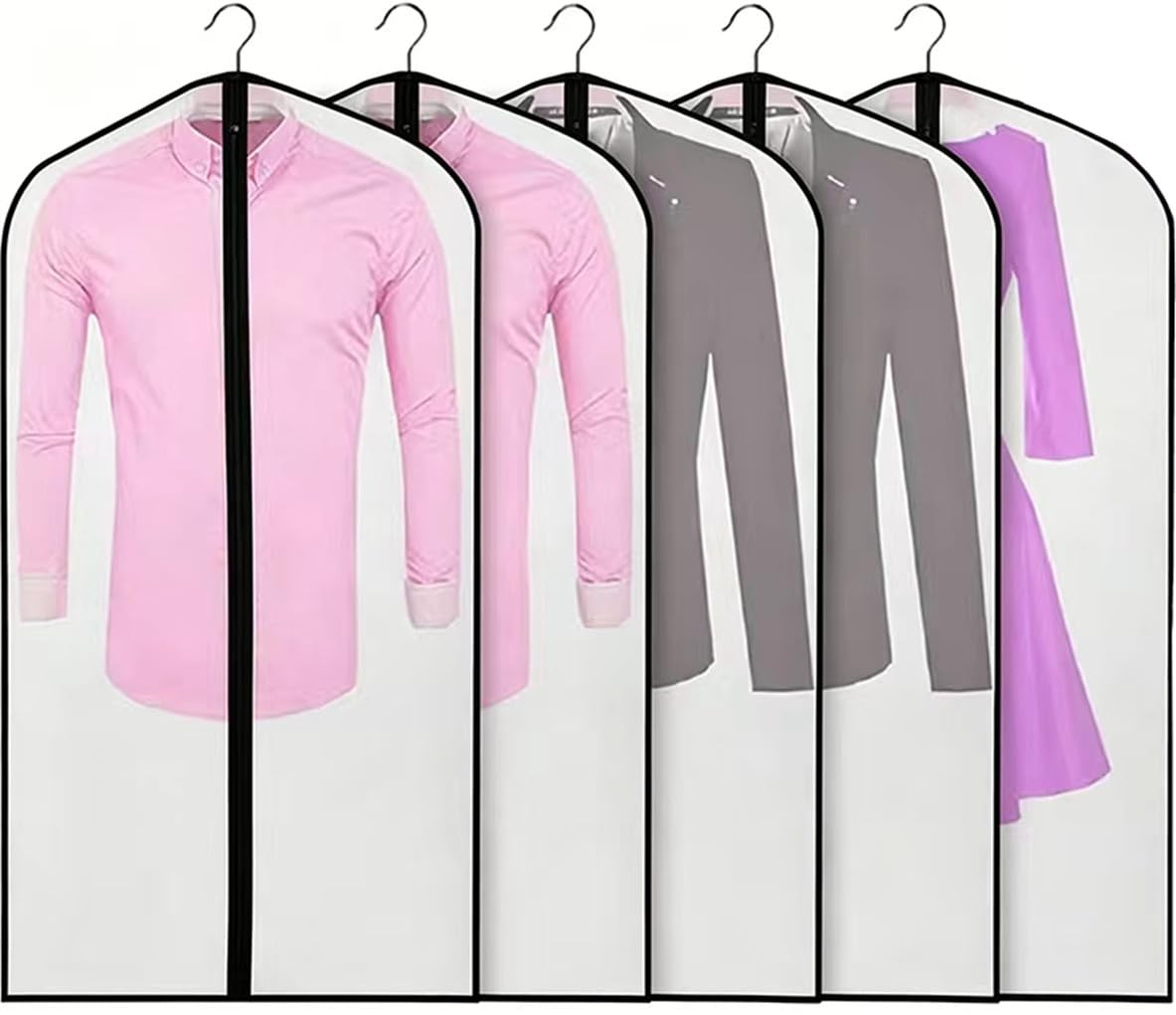 Semi-transparent Garment Bags 60×100cm, Mothproof Waterproof Breathable Full Zipper Dust Cover for Clothes Storage, 5 Pack (Black)
