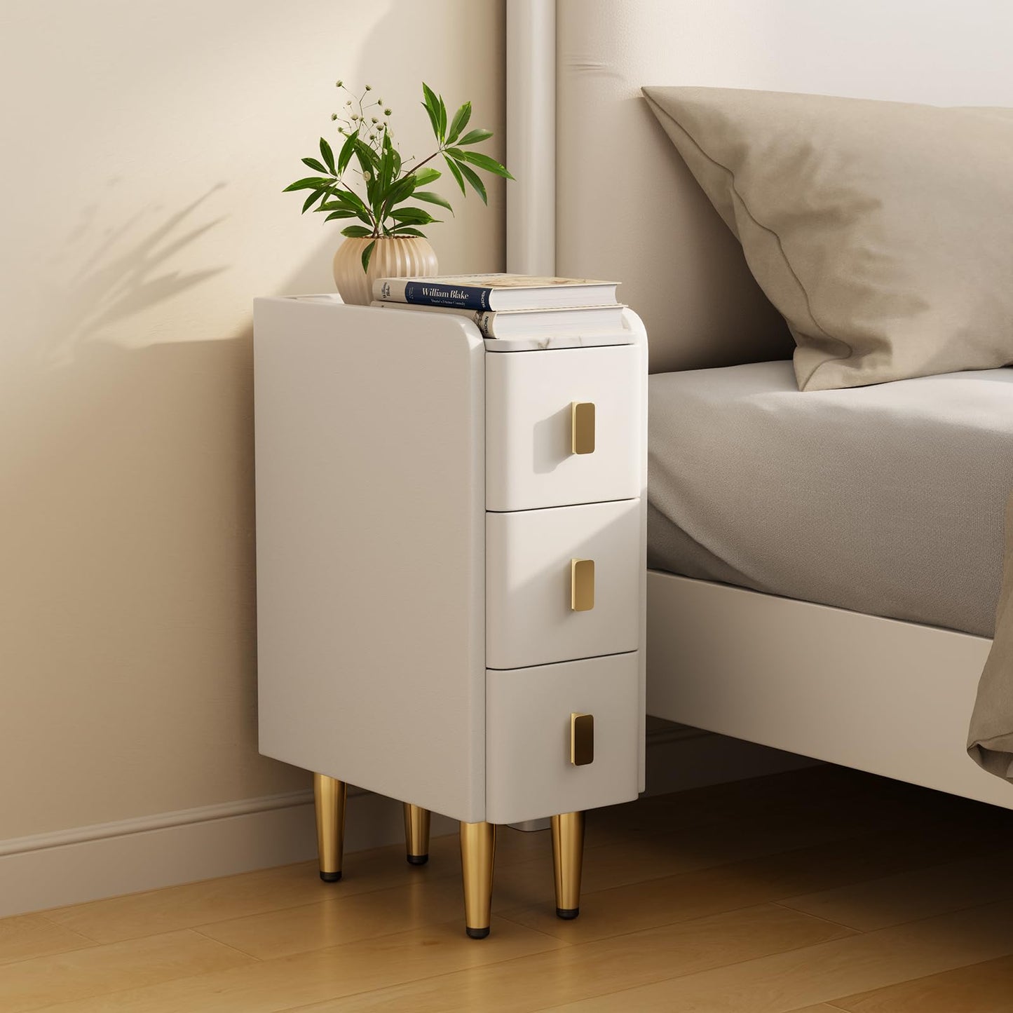 AQIMUELE Narrow Nightstand, Side Table with 3 Drawers, Bedside Cabinet with Elegant Leather Surface, Night Table for Bedroom, Living Room