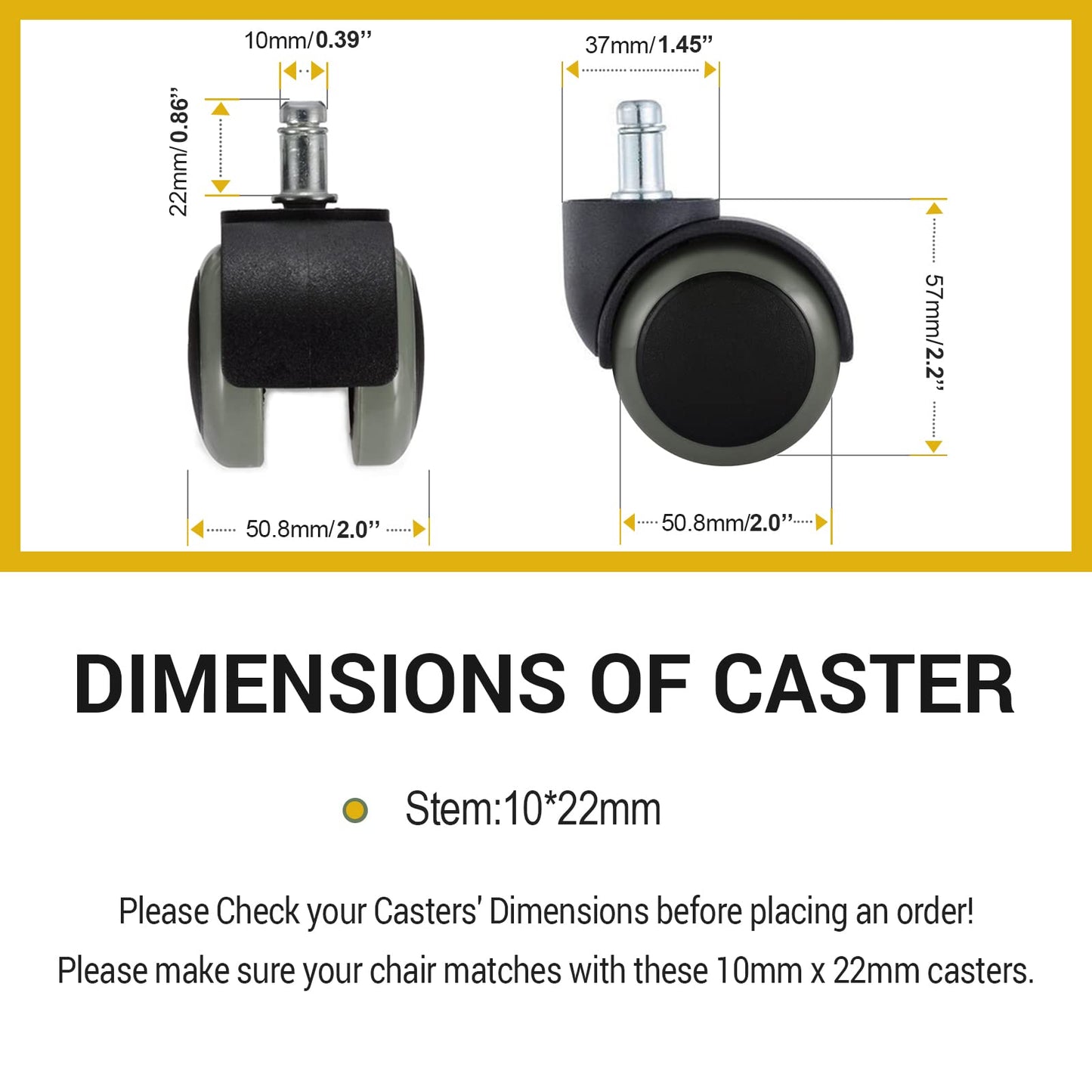 Office Chair Caster Wheels, PChero 5 Packs Furniture Casters, Fit IKEA Chair ONLY (Stem Diameter: 10mm, Stem Length: 22mm) – Heavy Duty 550lbs