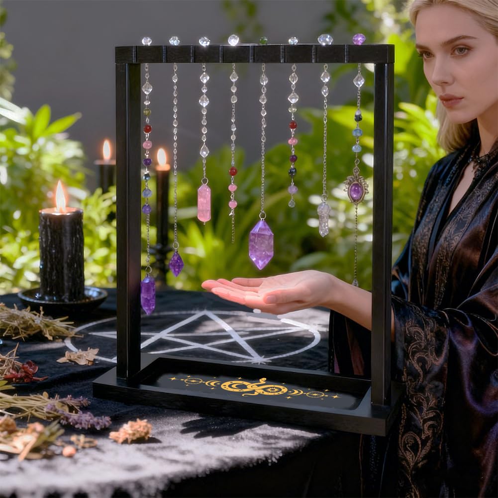BEUNITONE Wooden Pendulum Crystal Display Holder, Witchcraft Supplies Organizer with Snake Pattern Tray, Pendulum Board Stand for Witchy Accessories