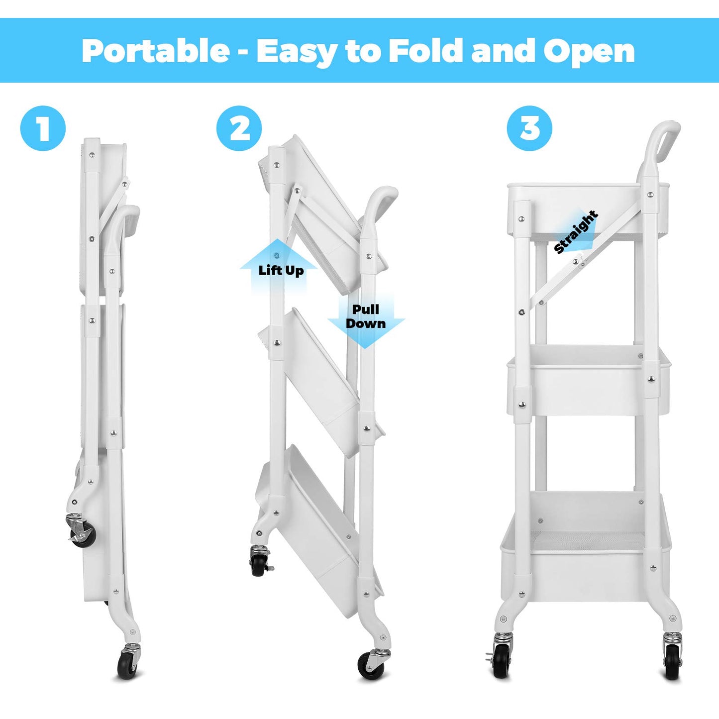 johgee Foldable 3 Tier Metal Utility Rolling Cart, Folding Mobile Multi-Function Storage Trolley Organizer Cart for Home Library