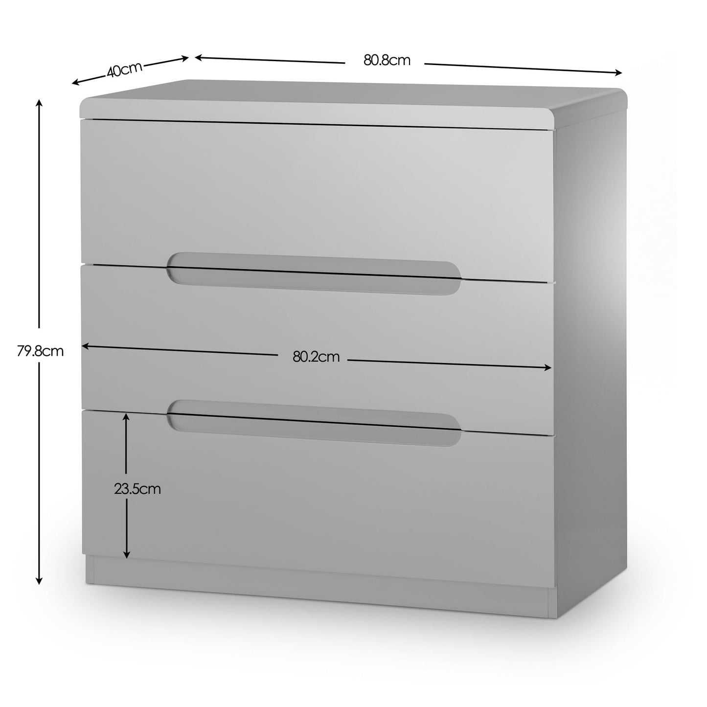 Julian Bowen Manhattan Chest of Drawers, 3 Drawer, Gloss Grey - H81 x D40cm