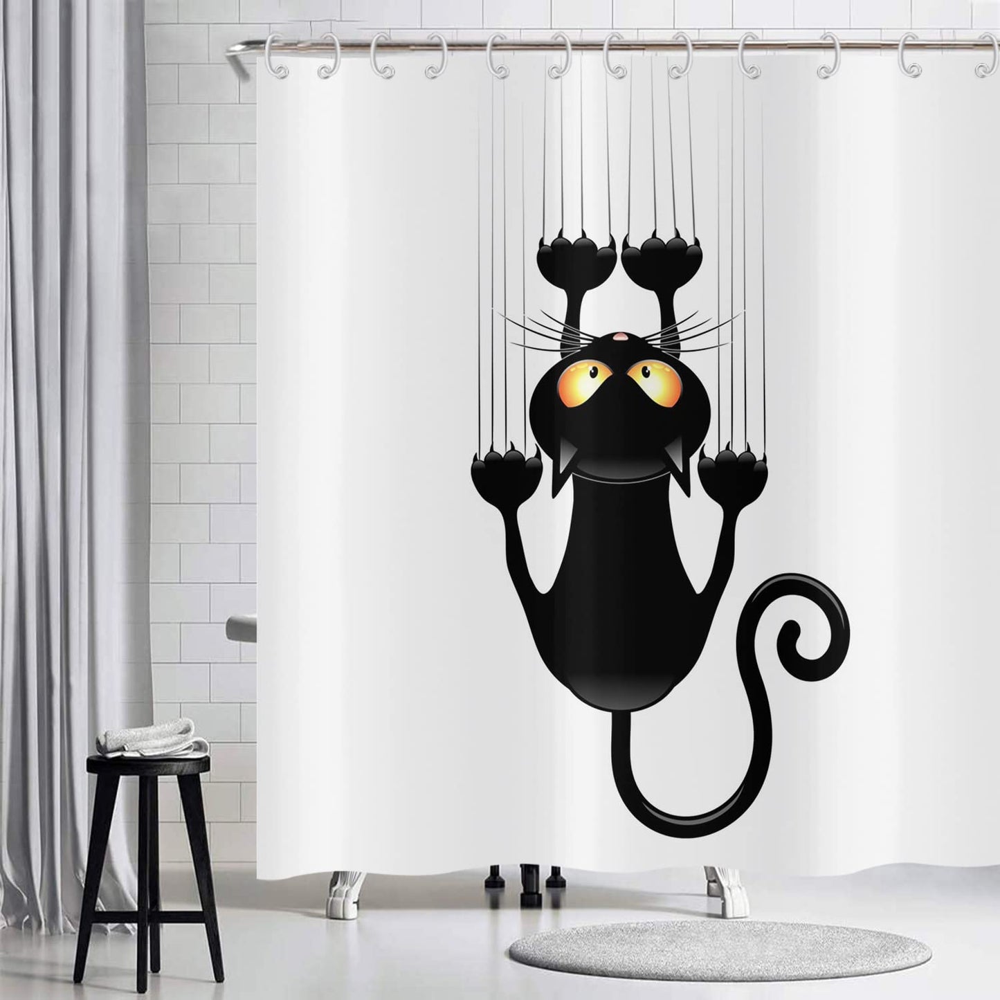 Hnmdmyi Funny Cat Shower Curtain 240x180, Black Kitten Scratching the Wall Bathroom Curtains Kids Cute Cartoon Animal Black and White Minimalism Art