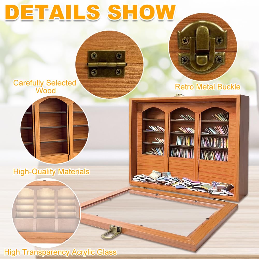 SGZIOO Anxiety Bookshelf Shake Away Your Anxiety, Mini Bookshelf and 300 Pcs Mini Books, Wooden Miniature Library, for Stress & Anxiety Relief