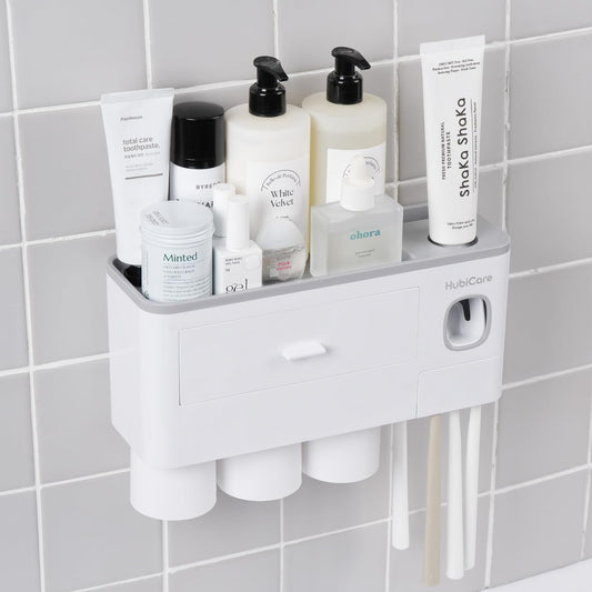 HubiCare Toothbrush Holder with Toothpaste Dispenser Wall Mounted for Bathroom, Automatic Toothpaste Squeezer, Bathroom Organization and Storage, 5