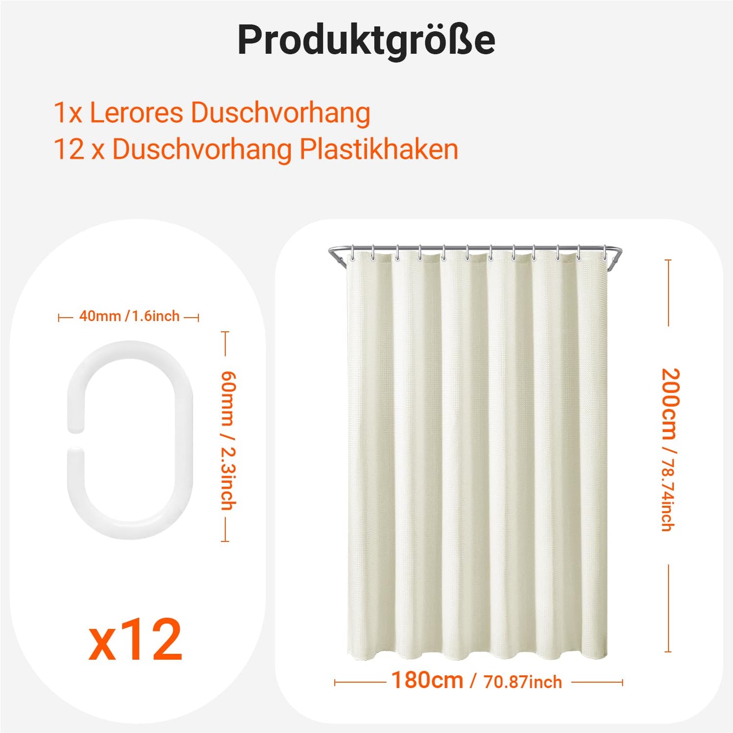 Lerores Shower Curtain, 180 x 200 cm, Waffle Beige, Weighted Hem, Anti-Mould Textile, Water-Repellent