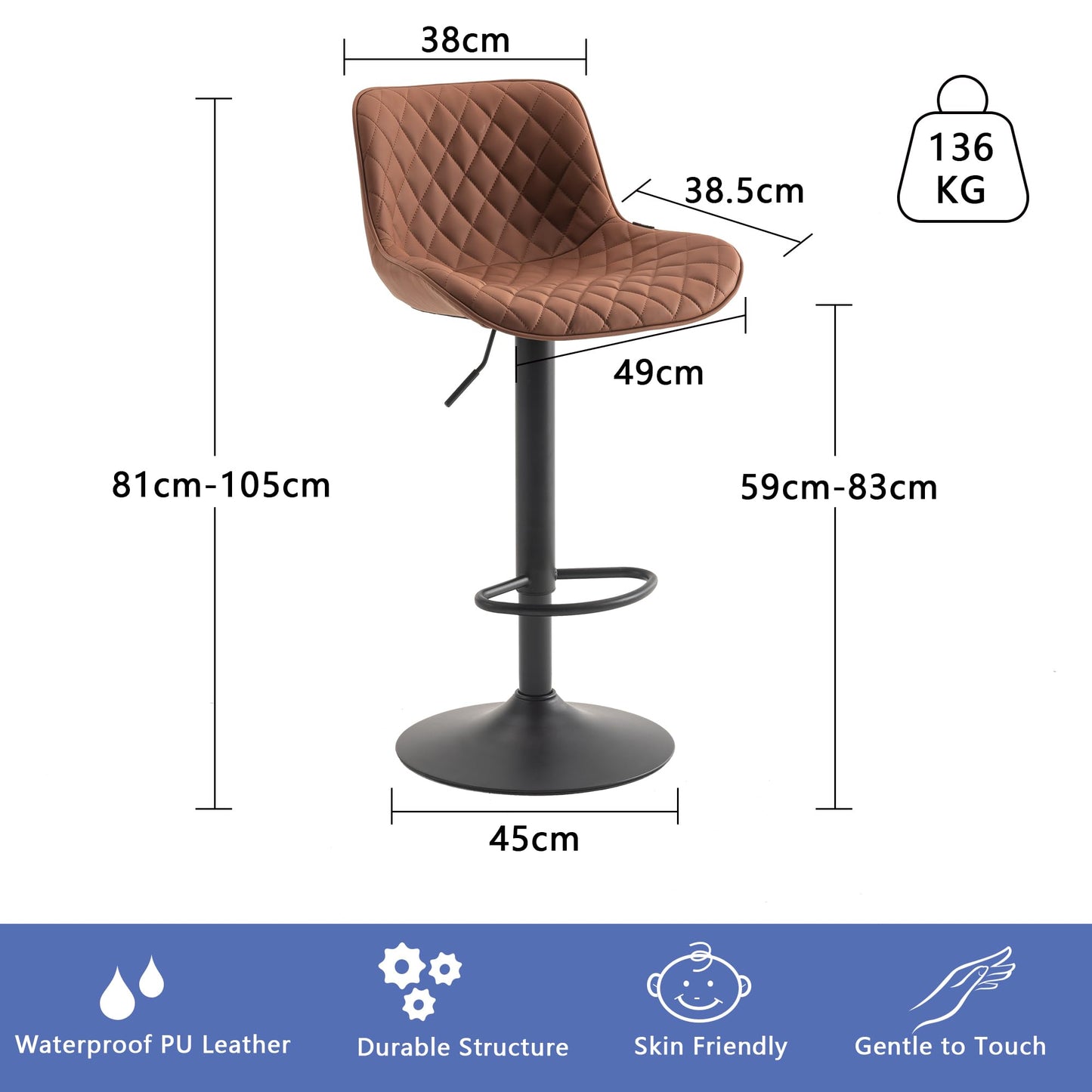 YOUTASTE Bar Stools Set of 2, Adjustable Height, PU Leather Padded Swivel Stools with Backrest, Gas Lift for Kitchen Island, Counter, Coffee