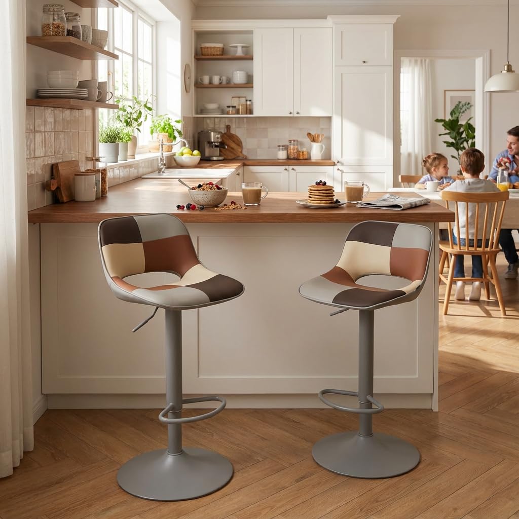 YOUNIKE Bar Stools Set of 2, Boho Colorful Patchwork Faux Leather Barstools, Adjustable Swivel Counter Height Bar Stool Upholstered Counter Stools