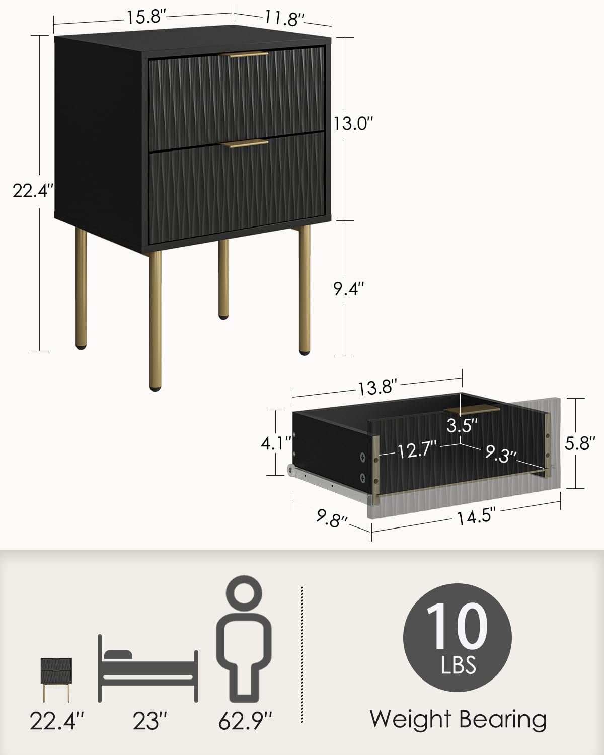 Apetaccat Bedside Table, Fluted Nightstand with 2 Drawers, Modern Bedside Cabniet Wooden, Side Table for Bedroom, Living Room, Black