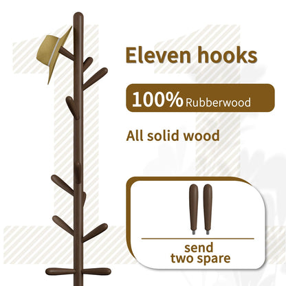 Awatiwa Solid Wood Coat Rack, Freestanding Tree-Shaped Coat Rack with 11 Hooks, Main Pole 1.6" dia,for Clothes