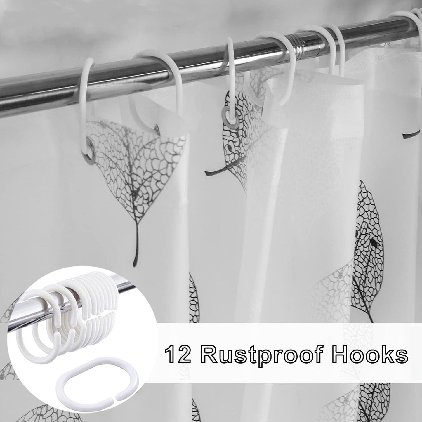 Shower Curtain for Bathroom, 100% Polyester Waterproof Mould Proof Resistant Fabric, 180 x 180cm PEVA Bathroom Curtains with Grommets & 12 Pcs Hooks