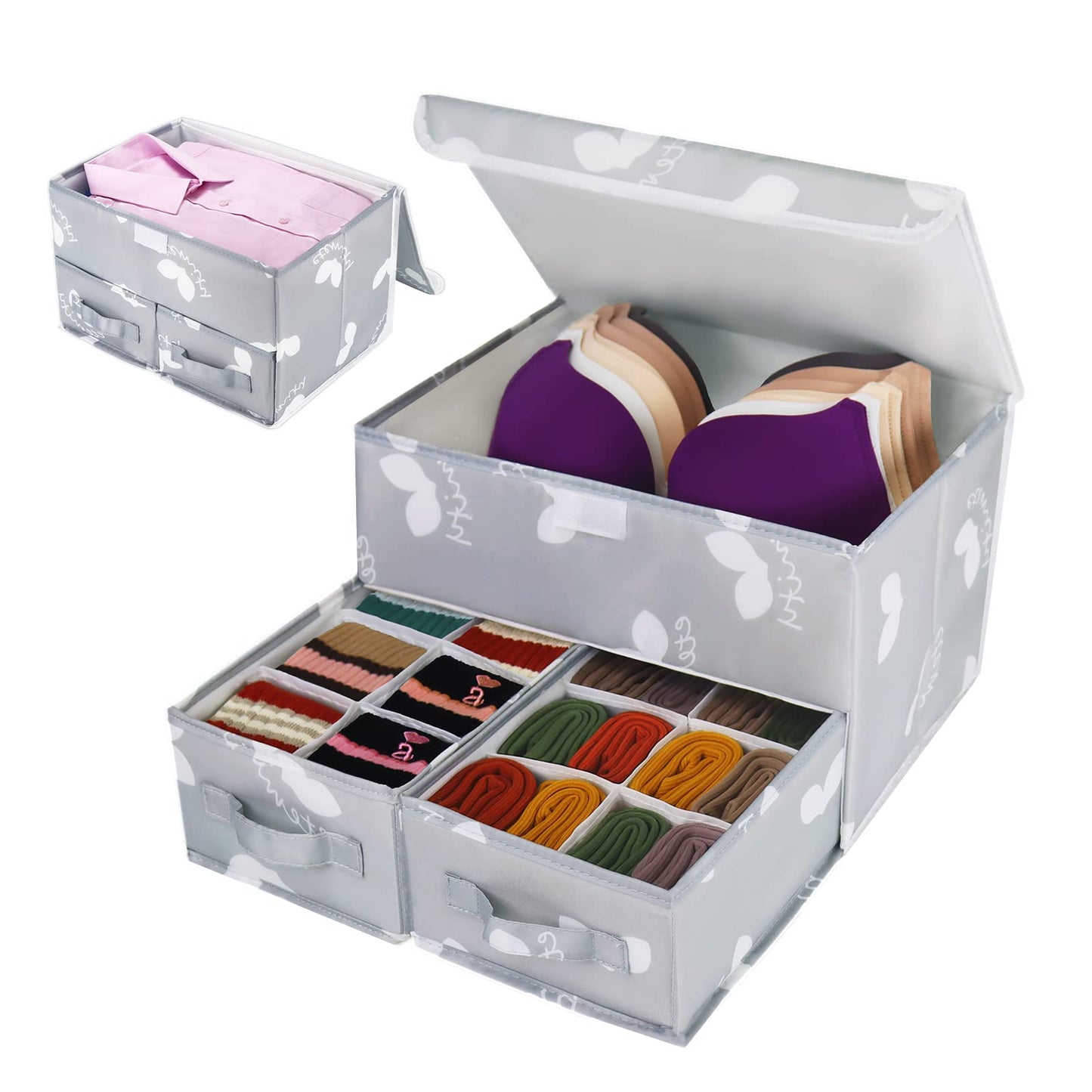 EASEVE Sock Underwear Drawer Organiser with Lid - Wardrobe Clothes Storage Boxes with Dividers, Foldable Fabric Closet Organizer for Bra, Sock, Shirt
