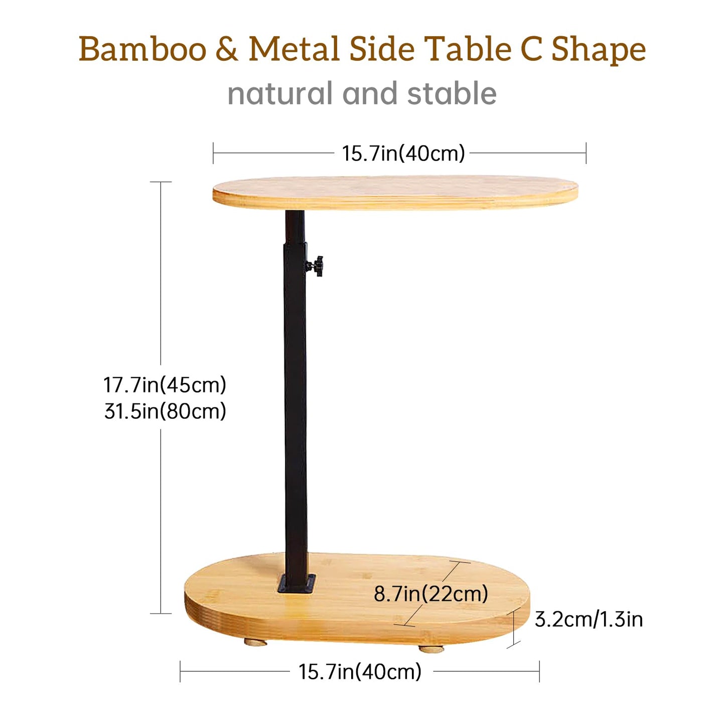 KUKKUME C Shaped Side Table Height Adjustable Sofa Table Over Bed Table Bamboo & Metal Under Sofa Table for Living Room Bathroom Couch Bedroom