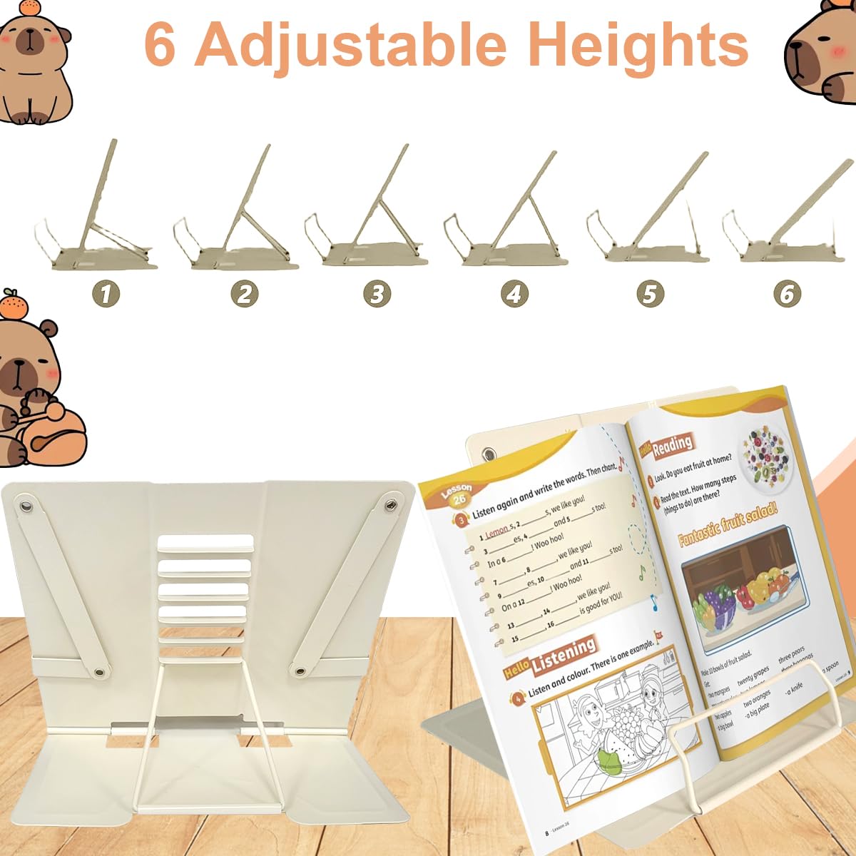 Garegce Book Stand Folding with Page Paper Clips, Cute Animal Capybara Book Holder, Cookbook Stands 6-Position Adjustable Height for Reading