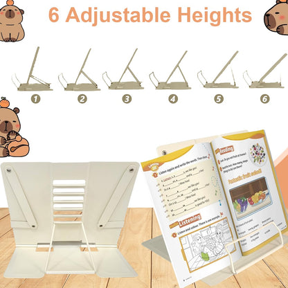 Garegce Book Stand Folding with Page Paper Clips, Cute Animal Capybara Book Holder, Cookbook Stands 6-Position Adjustable Height for Reading