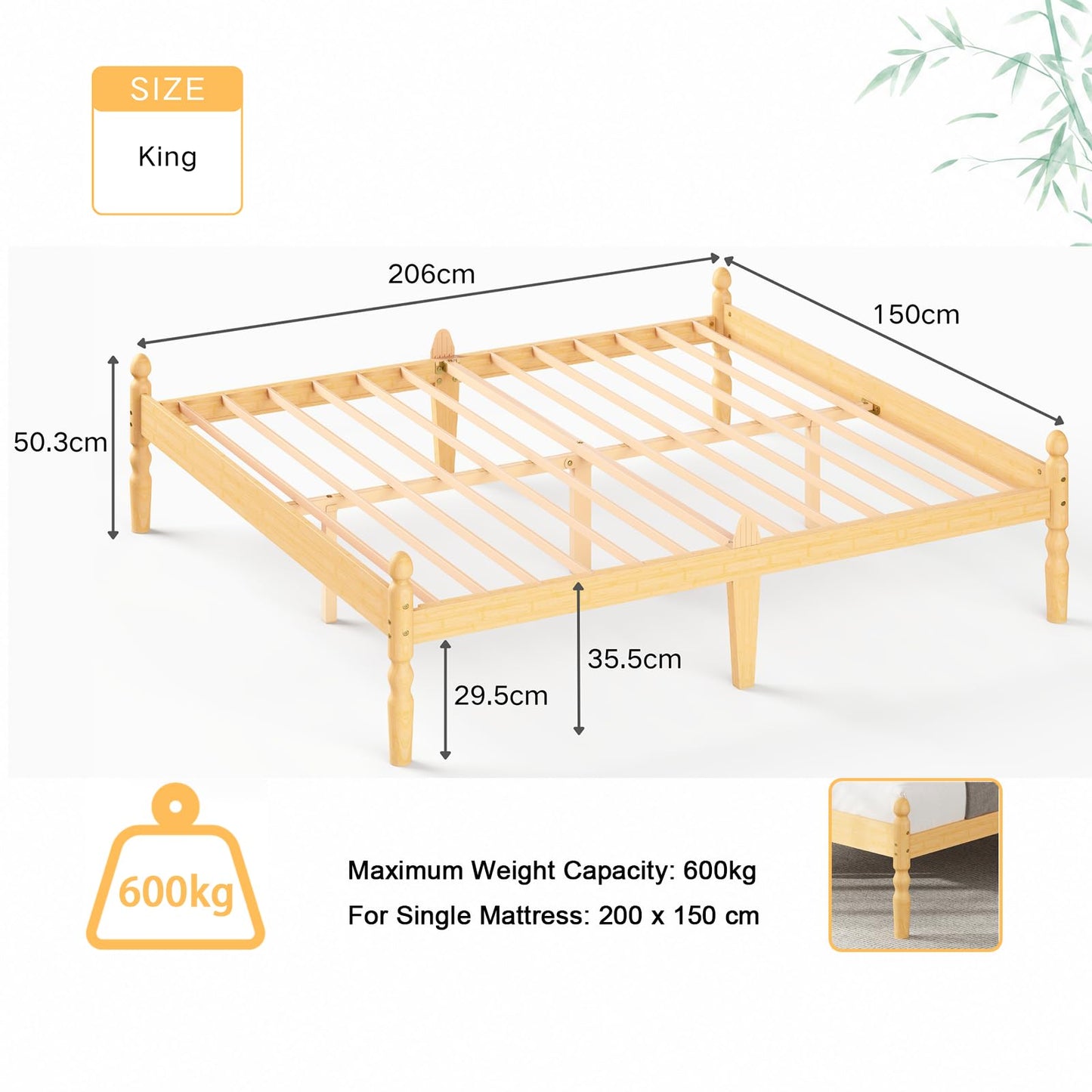 APEXTELLA HOME King Bed Frame 14-inch Natural Bamboo Wood Platform Bed with Metal Slats Support and Mattress Slide Stopper, Underbed Storage Space