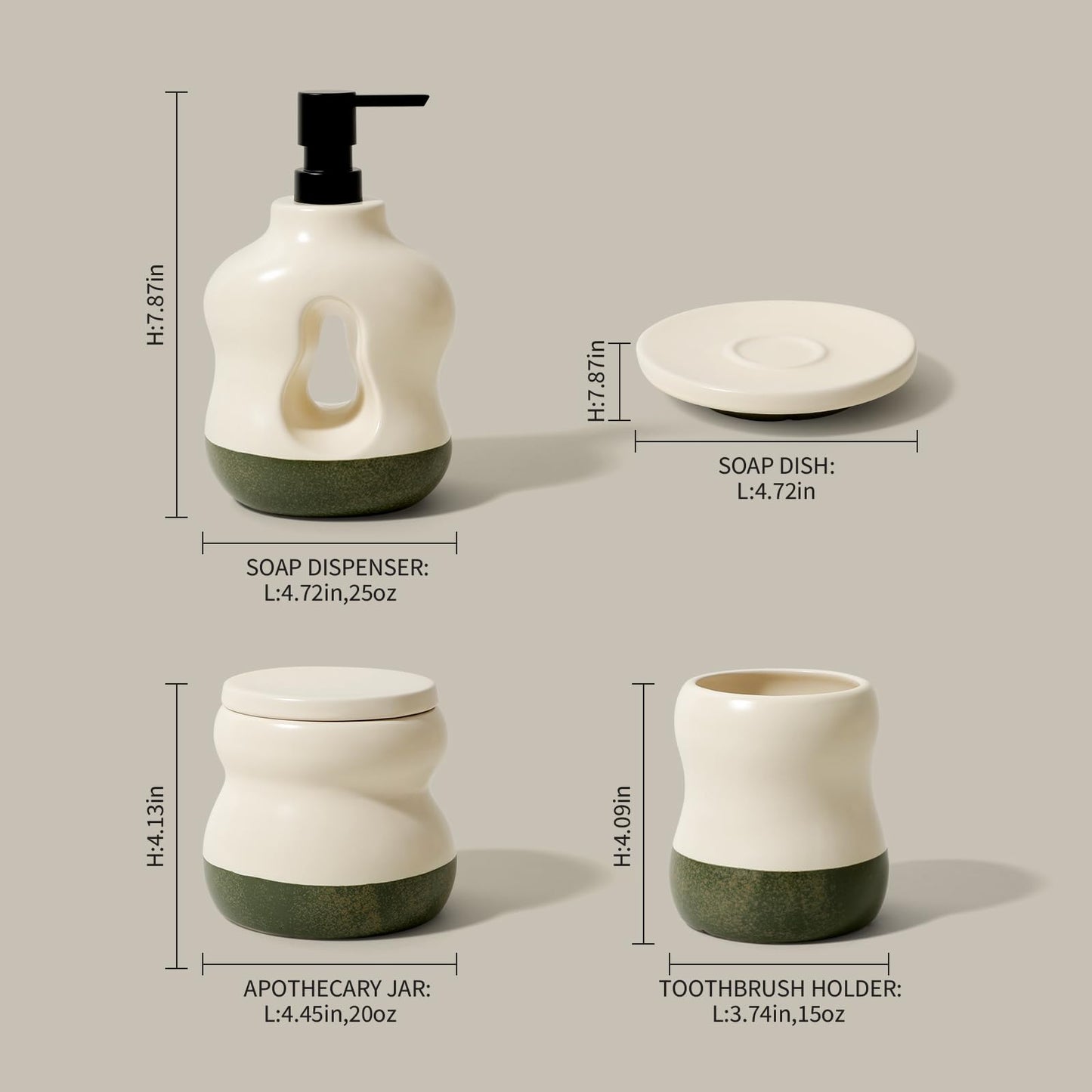 BosilunLife Bathroom Accessories Set of 4 - Beige&Green Bathroom Countetop Soap Set Lotion Soap Dispenser Sets Toothbrush Holder and Soap Dish