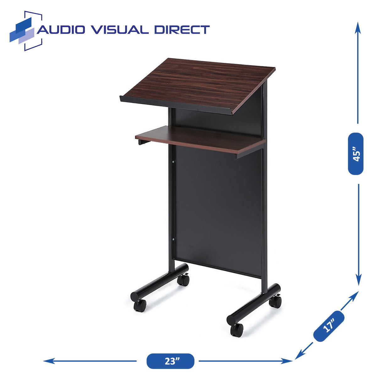 Audio-Visual Direct Wheeled Lectern Podium - Standing Desk with Storage Shelf - Cherry/Black - Ideal for Presentations and Laptop Use