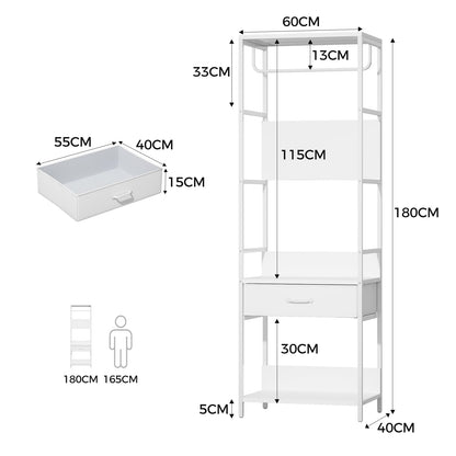 VOWNER Slim Hall Tree Entryway Coat Rack Bench Drawer White Hanging Rod