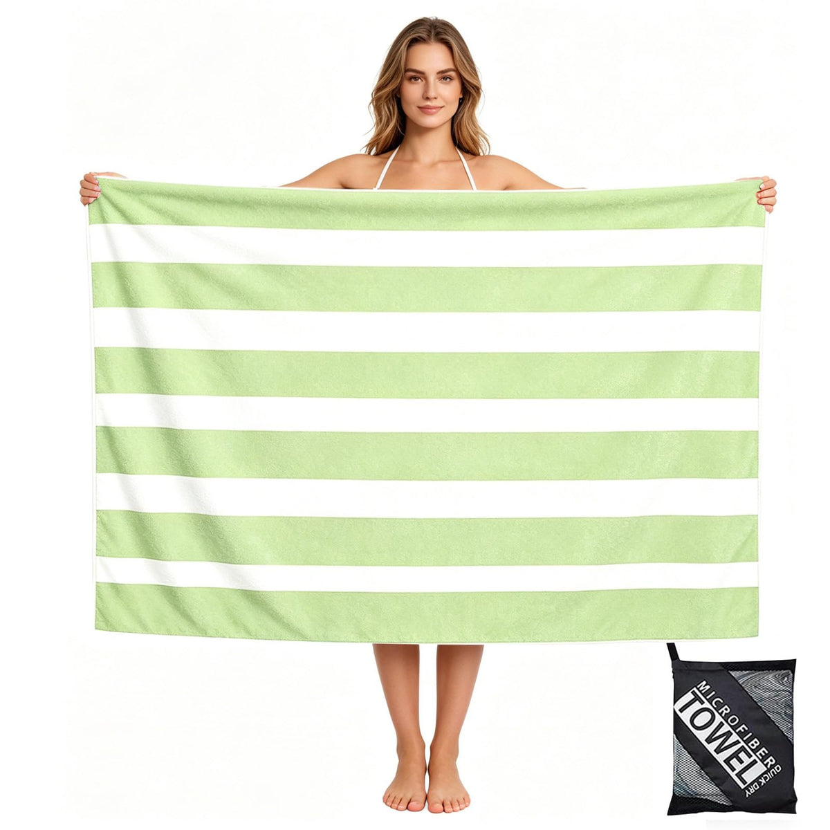 Large Quick Dry Microfibre Beach Towels for Adults,160X90cm Double Sides Green Stripe Bath Towel Travel Towels with Pockets,Lightweight Beach Towel