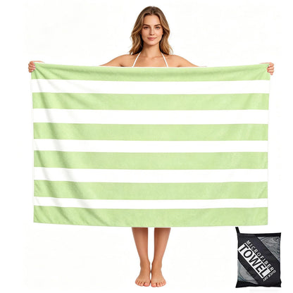Large Quick Dry Microfibre Beach Towels for Adults,160X90cm Double Sides Green Stripe Bath Towel Travel Towels with Pockets,Lightweight Beach Towel