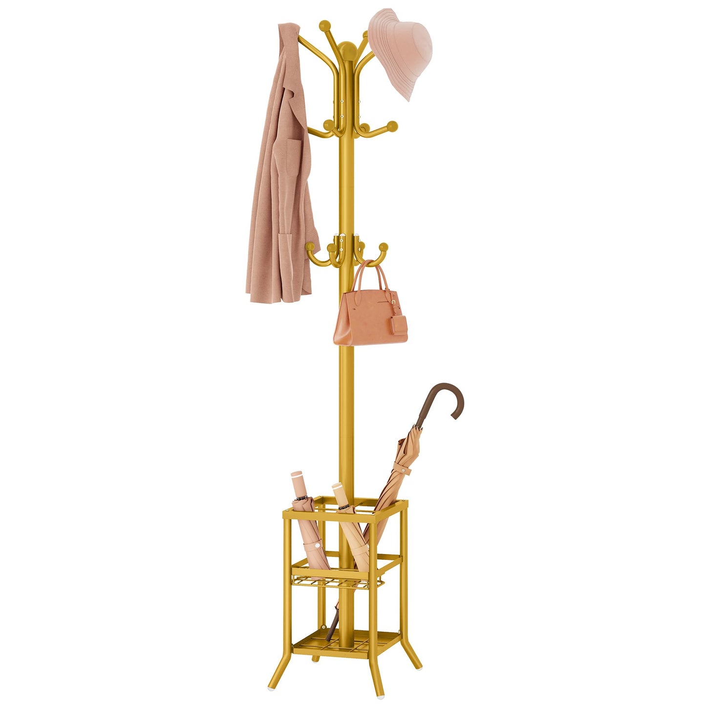 FAVOOSTY Coat Stand Coat Rack with 12 Hooks, Free standing Clothes Clothing Rack with Umbrella Holder, Hats