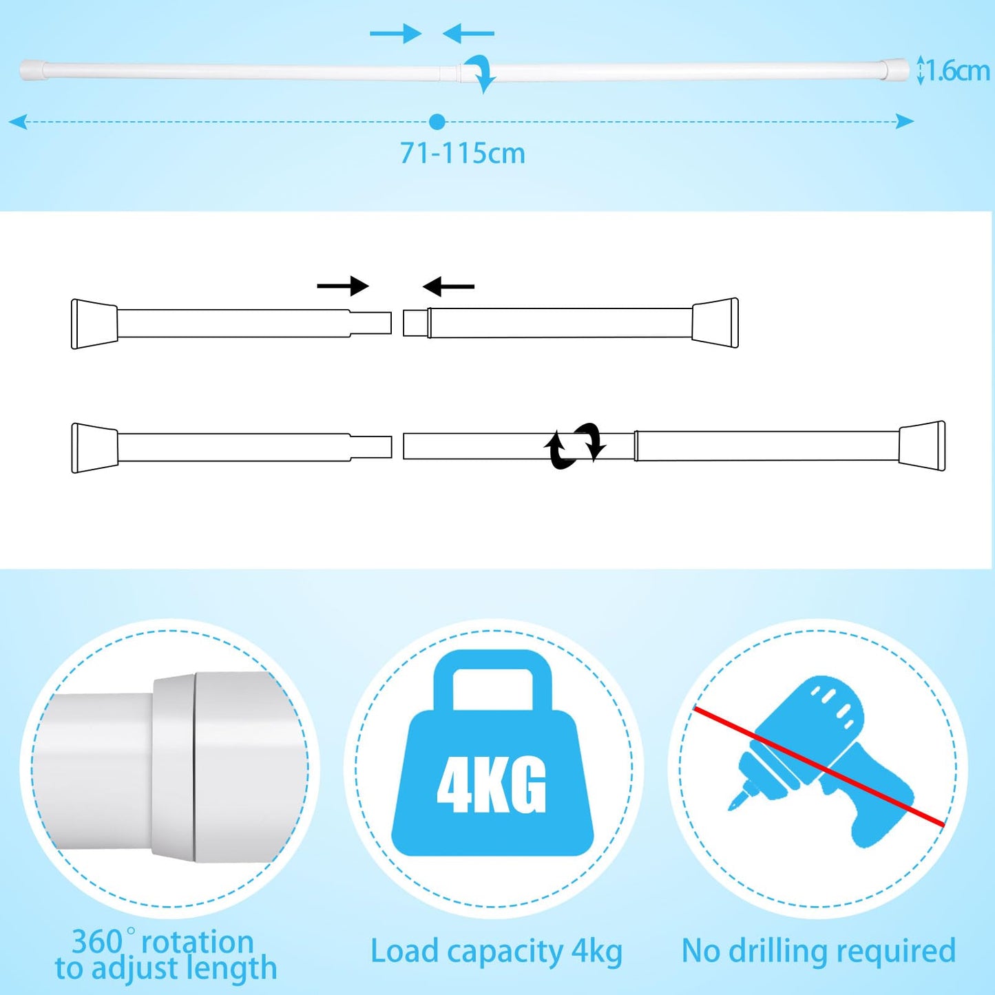 2 Piece Shower Rod Without Drill Stainless Steel Curtain Rod Holder Extendable Curtain Rod