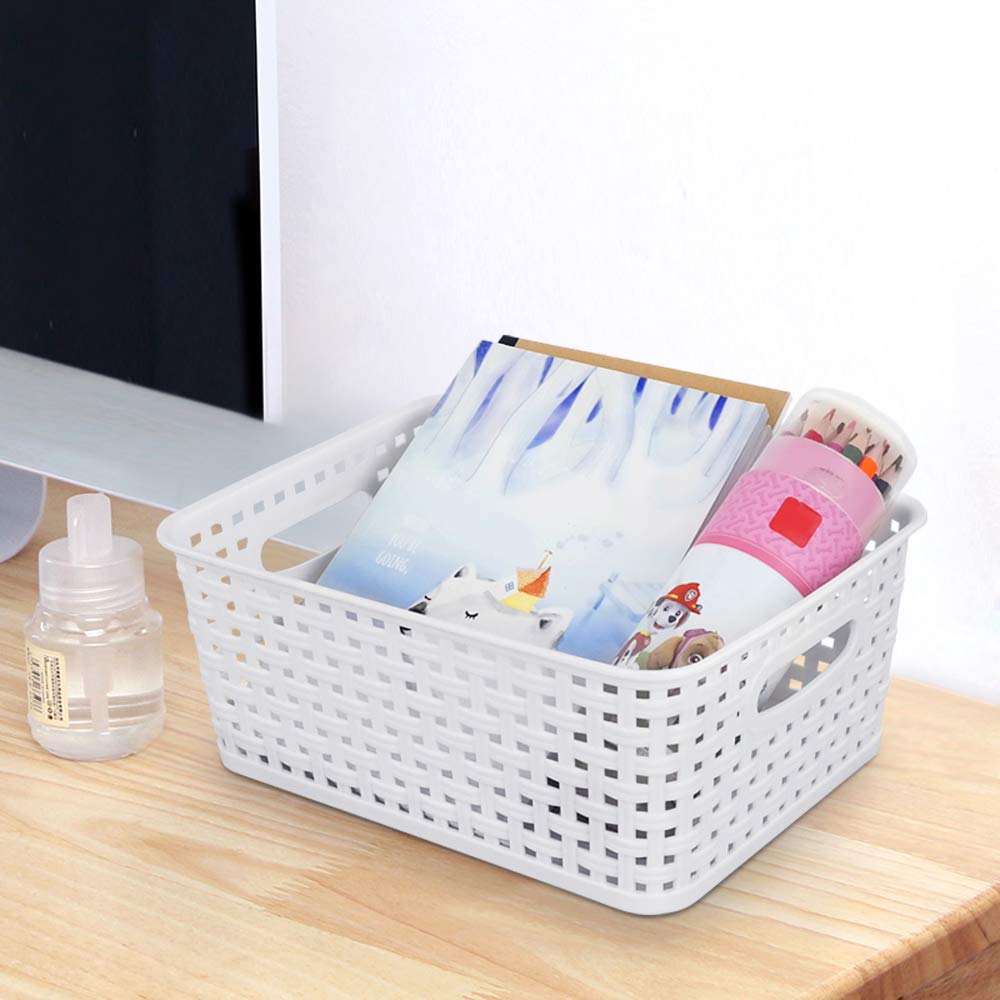 Sandmovie White Plastic Woven Ratten Baskets, 6-Pack