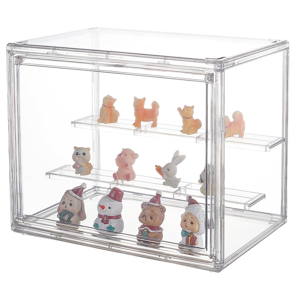 NBEADS 2-Tier Clear Display Case Acrylic Box, Whole Scene Riser Display Stands with Door Plastic Countertop Figure Stand Shelves for Collectible