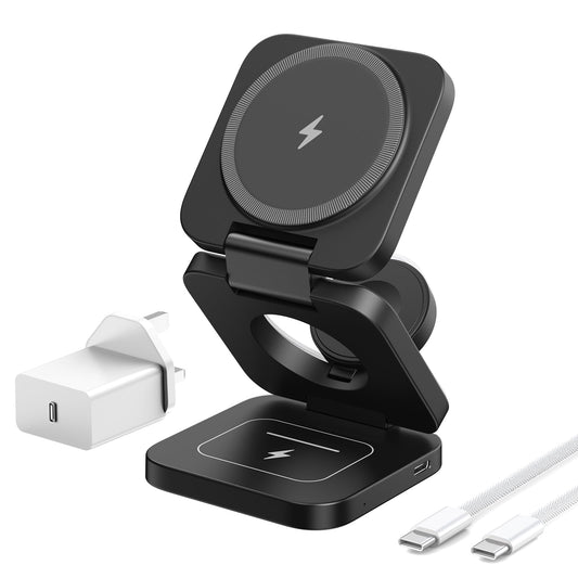 KU XIU 3 in 1 Wireless Charging Station for iPhone, Foldable Fast Magnetic Charger, Travel Wireless Charger Stand for iPhone 17/16/15/14/13/12, for