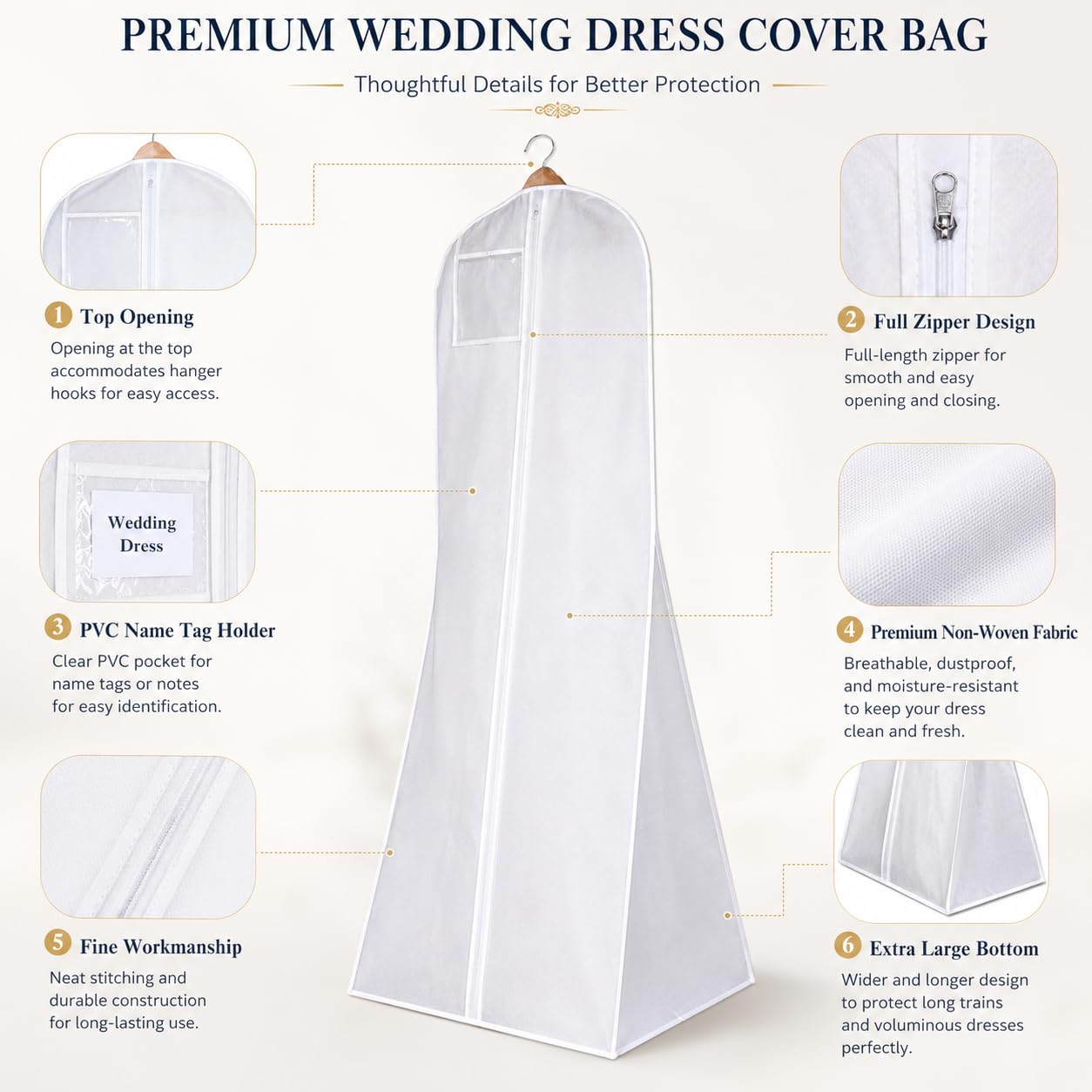 Hanging Wedding Dress Cover 180x60x40cm, Bridal Gown Garment Cover Storage Bag, Full Length Travel Protector for Bridal Dress