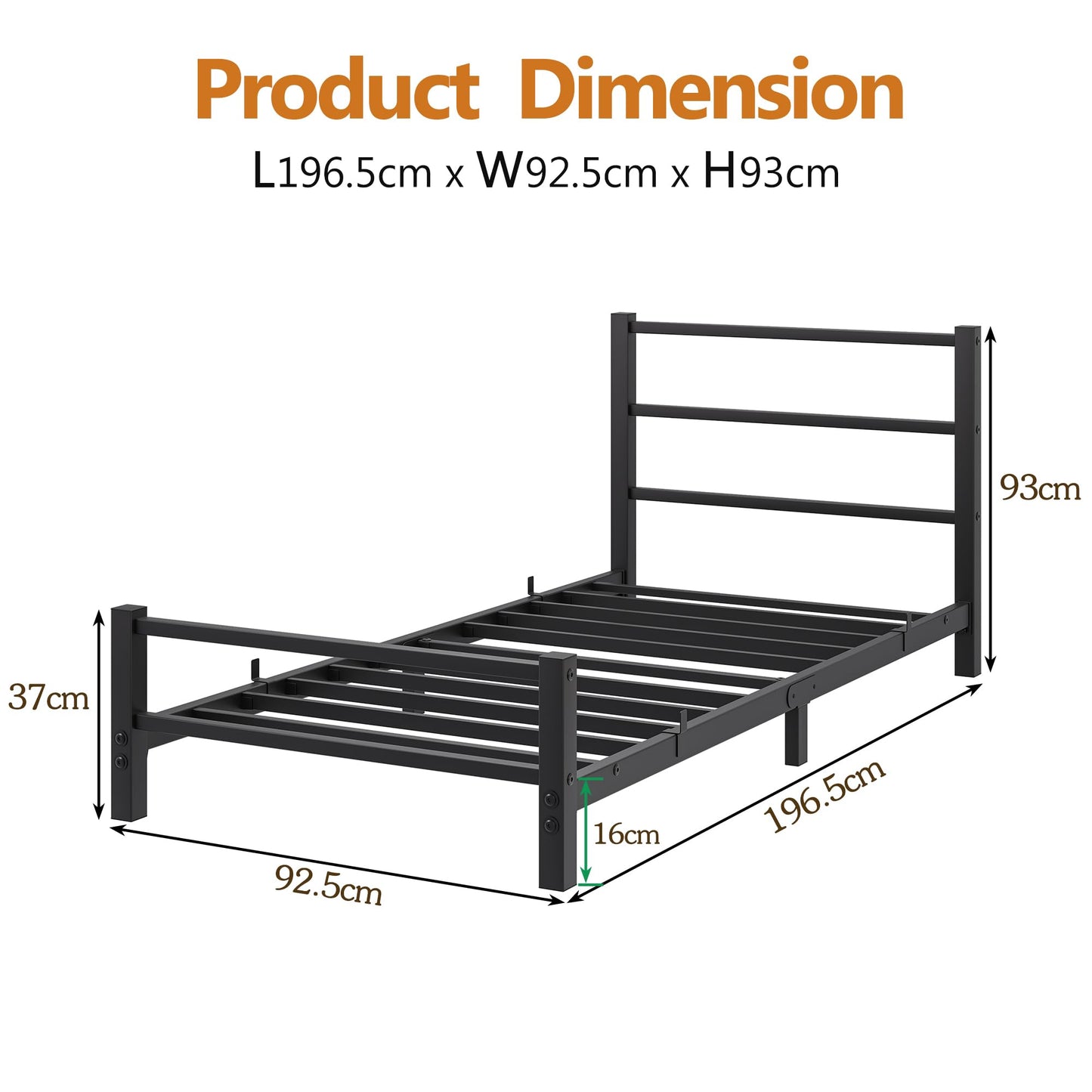 HAHRIR 16cm Low Profile 3ft Single Bed Frame with Metal Headboard, Black