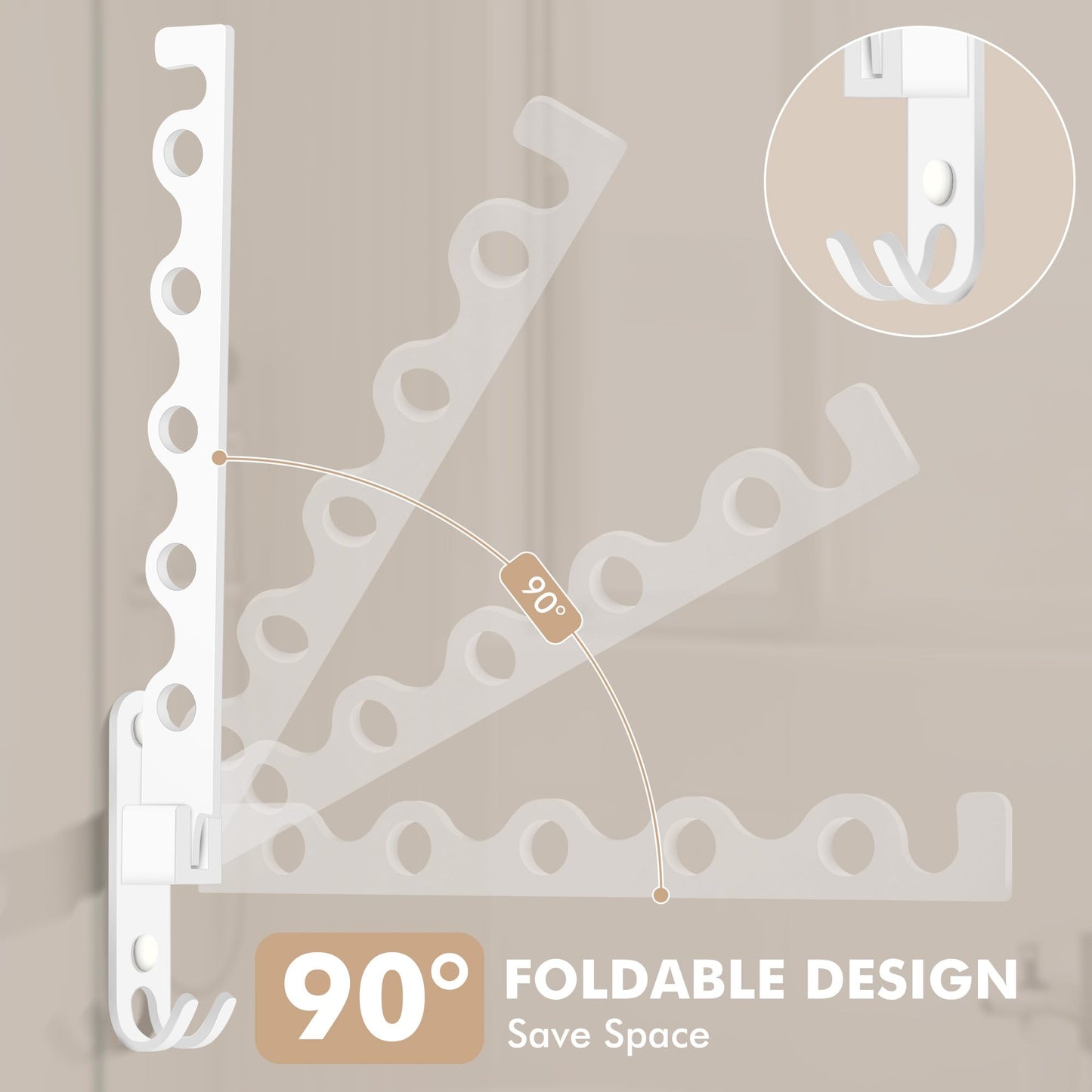 MEIJO Wall-Mounted Clothes Rack White, Foldable Wall Mounted Clothes Rail, 90° Rotation Heavy Duty Wall Clothing Drying Rack Wall Coat Rack for
