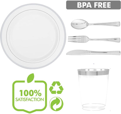 LATERN 150Pcs Multi-Use Silver Plastic Dinnerware Set, 25 x Resuable Dinner Plates, 25 x Salad Plates, 25 x Knives, 25 x Mini Forks, 25 x Spoons, 25 x