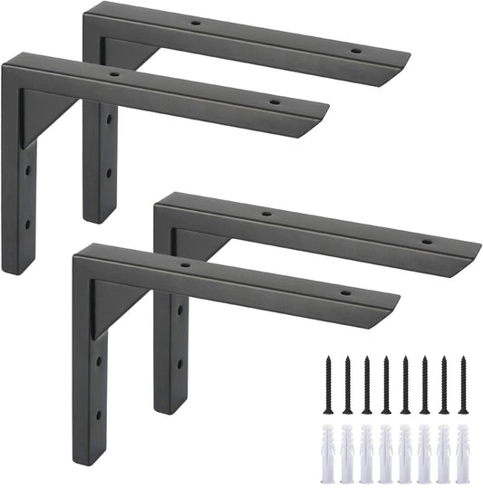 Ouvin Heavy Duty Shelf Brackets 8 inch 4 Pack Wall Mount Black Iron Brackets for Shelves Triangle Sturdy Supports with Screws for Kitchen Bookshelf