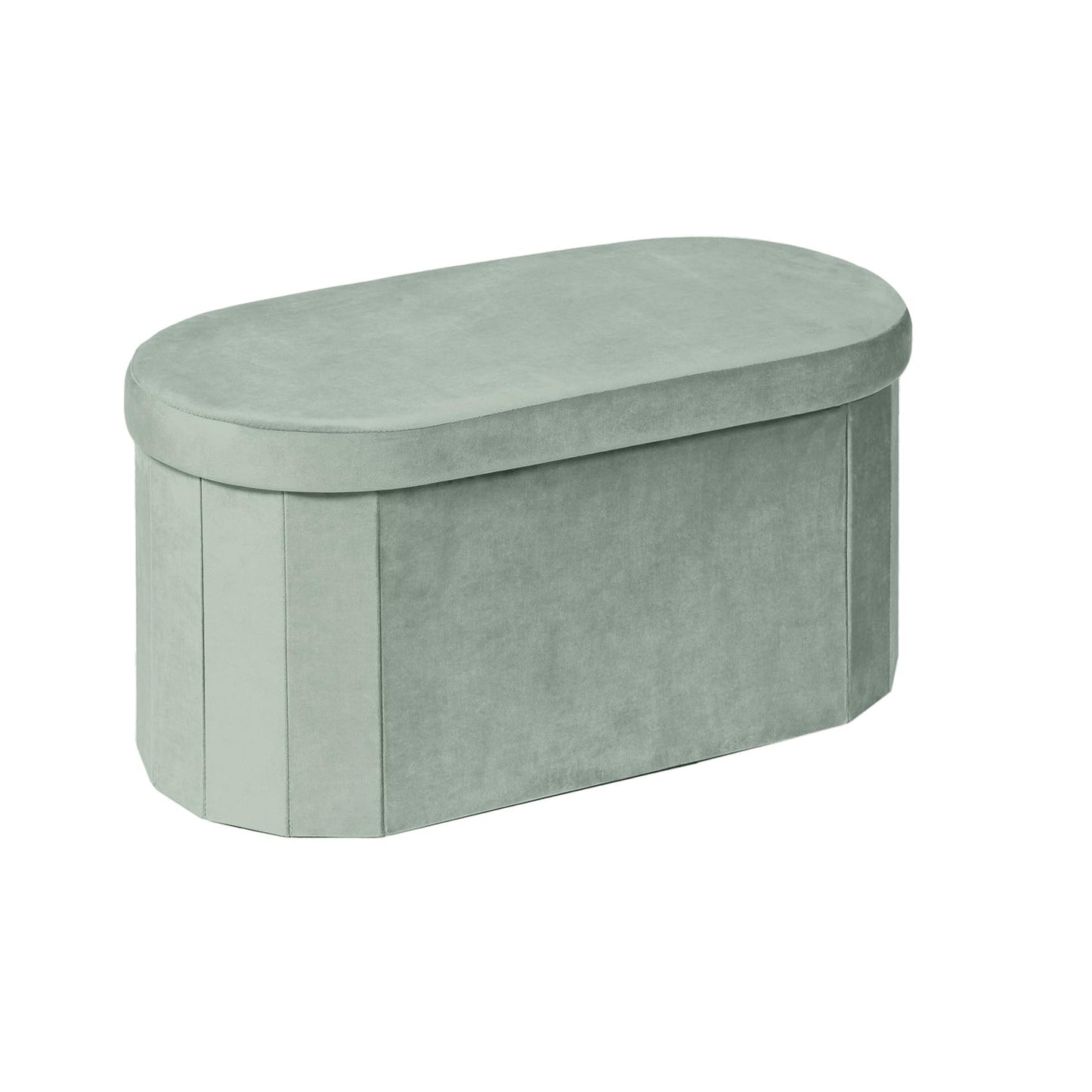 Bonlife Velvet Ottoman Storage Bench, Foldable Storage Chest with Lid,Oval Footstool for Living Room Bedroom Hallway, 76x38x38cm, Sage