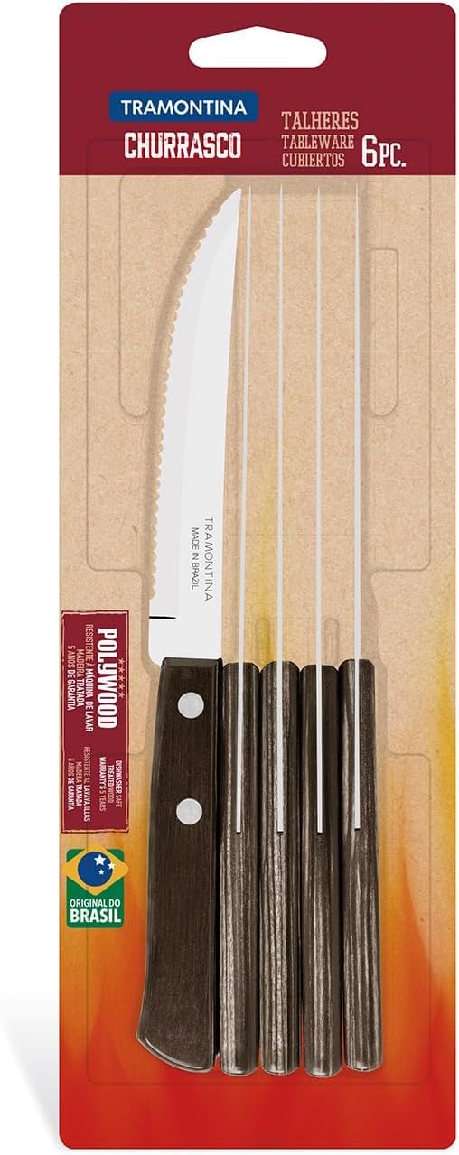 Tramontina 6 Piece Steak/Pizza Knife Set, Brown Colour, Sharp Knife Set with Wooden Handles, ?Camping, Kitchen, Rustic, Dishwasher Safe, 5-Inches,