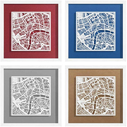 O3 DESIGN STUDIO London Paper Cut Map framed, White map, White frame, 9x9 inches, Gift Boxed, 4 background color, self-changing, Paper Art