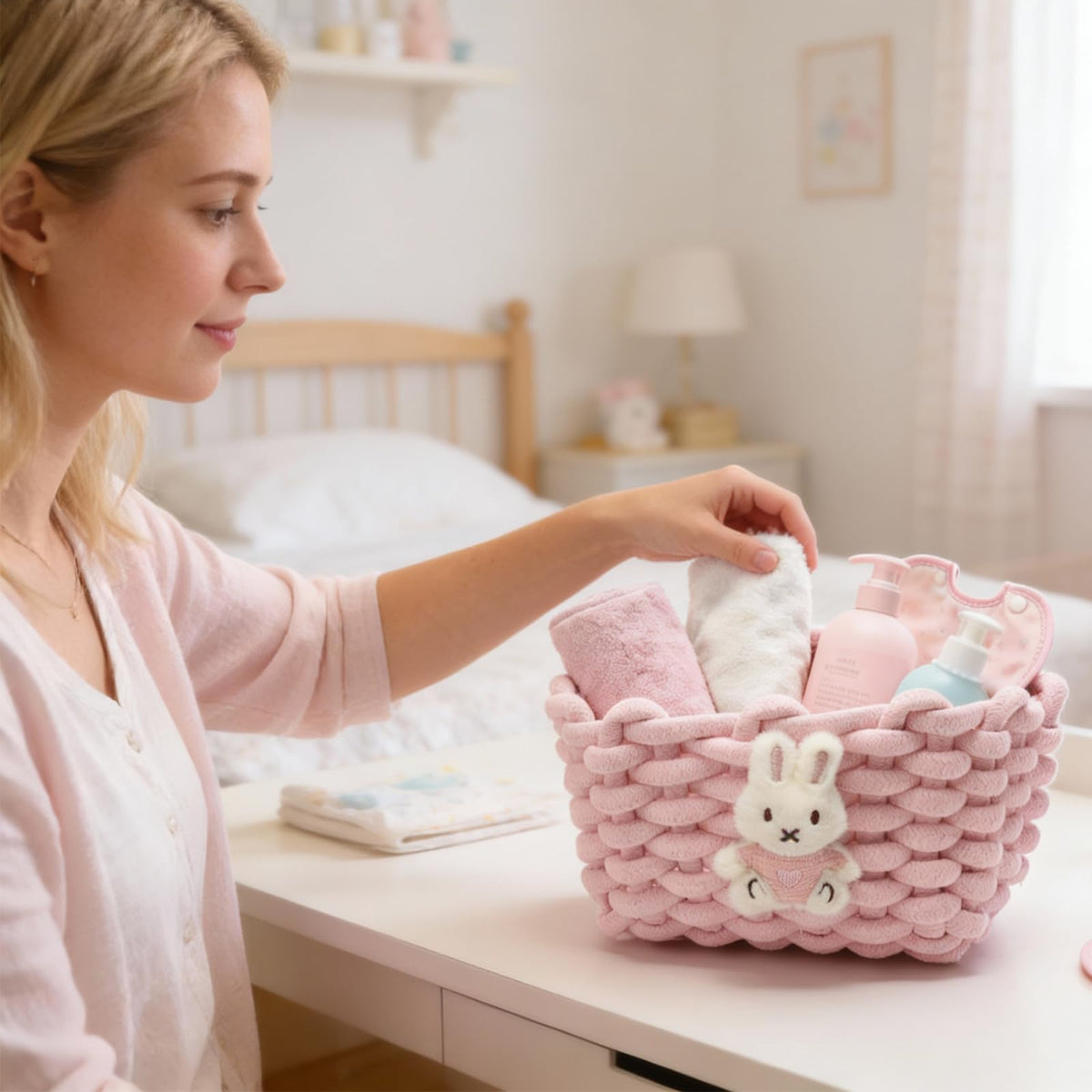 Woven Cotton Wicker Storage Basket with Bear Motif, White - Bathroom Organizer for Desk, Makeup Table, Cabinets, Bath, Kitchen Pink - Rabbit