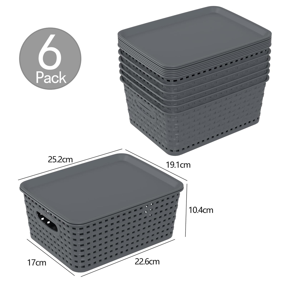 Ysmiltion Plastic Storage Baskets Bins with Lid and Handle, 6 Pack, Gray