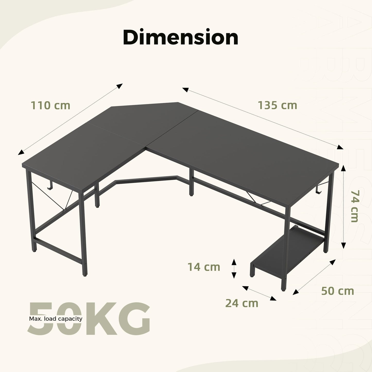 Mericonia L Shaped Desk, Diamond Design for Socket, 135x110cm, Black
