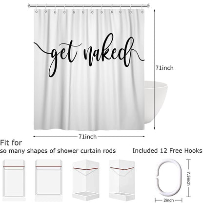 Hnmdmyi White Shower Curtain 180x180, Black Art Font Words Get Naked Shower Curtains Funny Quotes Beautiful and Cool Bathroom Curtains Waterproof